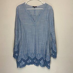 NYDJ Women XL Floral Top Tunic Blouse Embroidered Lightweight Pullover Shirt